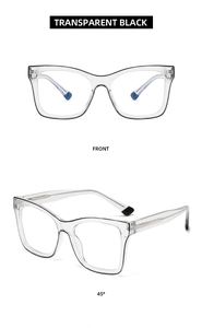 Detail view of transparent black square glasses frame with metal core temples and lenses