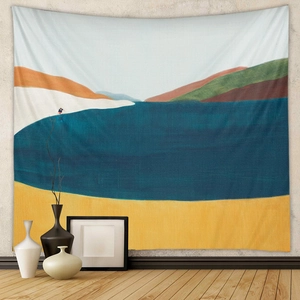 Detail view of Bohemian landscape tapestry with abstract mountains in a modern room