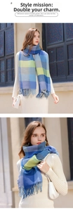 Detail of colorful checkered knit scarf featuring vibrant color blocks and fringe edges