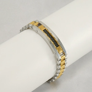 Bracelet pour homme en acier inoxydable avec fibre de carbone noire et accents en or 18K