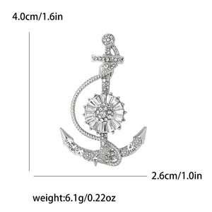 Detailed dimensions of silver nautical anchor brooch with rhinestones and helm wheel