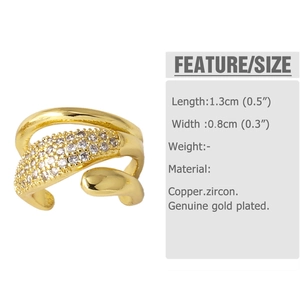 Detail view of gold-plated ear cuff with zircon inlay showing dimensions 1.3cm by 0.8cm