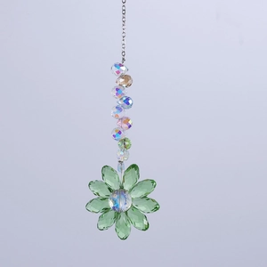 Detail of green crystal flower suncatcher with rainbow faceted beads and silver chain