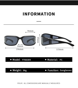 Detailed size specifications for Y2K punk sports goggles with dimensions in millimeters