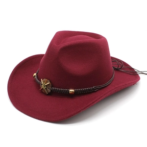 Burgundy western cowboy felt hat with brown braided band and star metal ornament