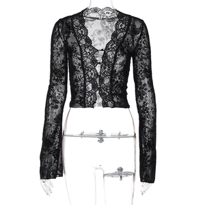 Detailed view of the sheer black lace floral pattern and delicate V-neckline texture