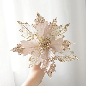 Sparkling champagne pink glitter Christmas flower decoration made of mesh and sequins