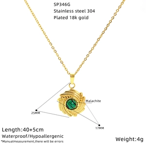 Detailed view of an 18k gold plated necklace featuring a round malachite stone pendant