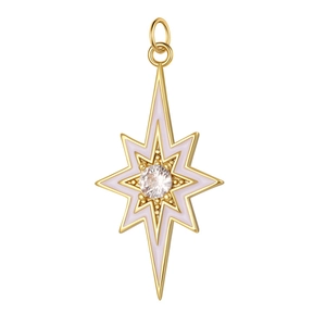 Detail of gold star pendant with purple enamel and center crystal for jewelry making