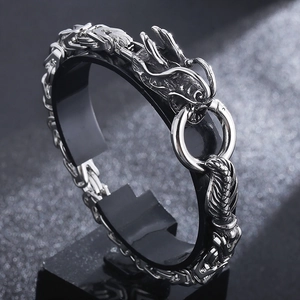 Bracelet chaîne tressée tête de dragon argenté pour homme style vintage mécanique