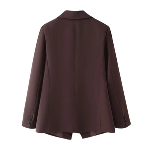 Back view of a coffee brown long sleeve blazer featuring triple-button cuff details