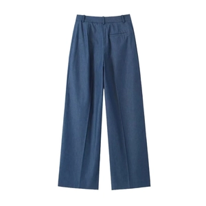 Women's deep blue wide-leg trousers with elegant drape and back pocket detail on white background