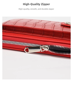 Detail of red crocodile texture purse showing a high-quality smooth metal zipper