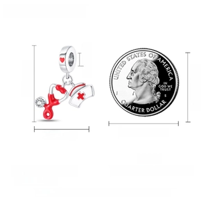 Detailed size specifications for the silver nurse charm featuring stethoscope and hat design