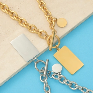 304 Stainless Steel Thick Chain Necklace With Square And Round Pendant Toggle Clasp Hip Hop Style Unisex