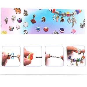 DIY charm bracelet assembly guide with colorful beads and various metal pendants