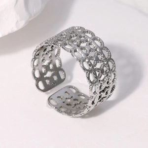 Vintage hollow silver stainless steel open ring featuring intricate lace pattern detail