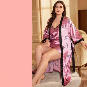 Plus Size Women Imitation Satin Satin Nightdress And Robe Love Heart Print Contrast Trim Loungewear