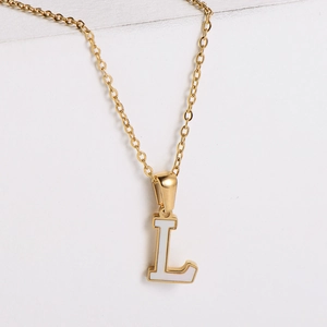 18k gold plated stainless steel necklace with white shell inlay letter L pendant