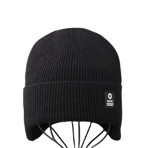 Men's black knit ear protection winter hat with thick fleece lining and star patch