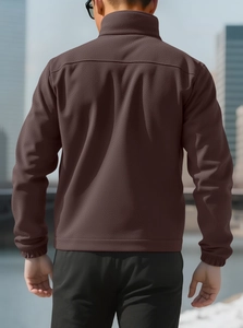 Rear view of brown polar fleece jacket with stand collar and elastic cuffs