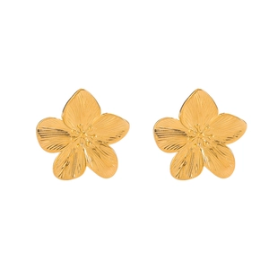 French vintage 18k gold plated flower earrings with detailed radial brushed texture