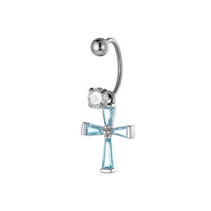 Silver cross navel ring with light blue zircon stones on a white background