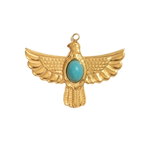 Eagle-shaped golden stainless steel pendant with oval turquoise stone on white background