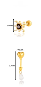 Detailed size chart for gold butterfly ear studs with starburst and heart pendant