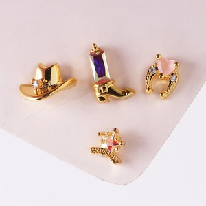 Western theme gold earring set with cowboy hat, boot, horseshoe, and sheriff star badge