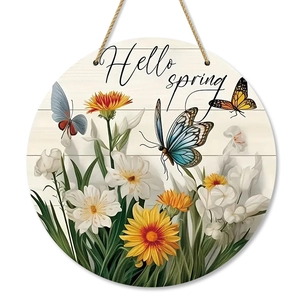 Round wooden Hello Spring door sign with colorful butterflies and daisy sunflower design