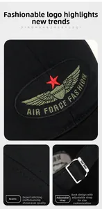 Detail of Air Force embroidery and adjustable silver metal buckle on black baseball cap