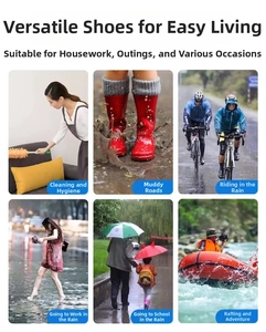 Detailed views of red waterproof shoe covers in rain, mud, and cleaning scenarios