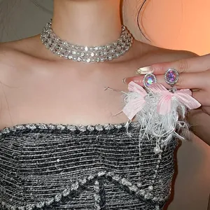 Multi Layer Rhinestone Artificial Pearl Choker And Bow Feather Tassel Earrings With Silver Earring Post Sweet Elegant Jewelry