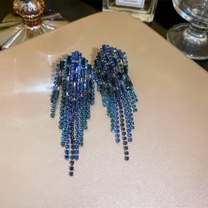 Long tassel earrings with blue gradient rhinestones and geometric tiered design