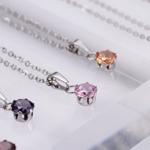 Classic French silver necklaces with colorful zircon crown pendants in pink and purple