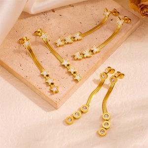 Boucles D'oreilles Acier Inoxydable Long Gland Chaîne Serpent Papillon Étoile Chiffres Romains Zircon Or 18K Bijoux