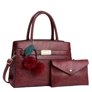 Damen Handtaschen-Set aus burgunderrotem PU-Leder mit Kirsch-Pompon und Briefumschlag-Tasche