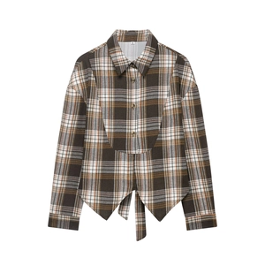 Chemisier À Carreaux Manches Longues Polyester Ourlet Asymétrique À Nouer Vintage Col Revers Chemise Femme Haut Casual