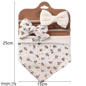 3-pack infant floral cotton gauze bib and bow headband set on display card