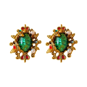 Vintage emerald-style glass crown earrings with pearls in French royal palace style