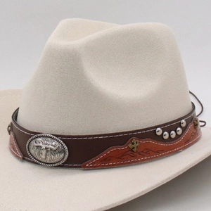 Detail of western cowhide hat band with silver bull head emblem and metal rivets