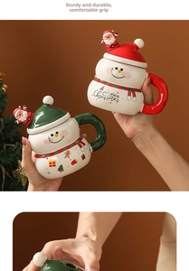 Close-up of a festive snowman ceramic mug with a Santa lid and a large ergonomic handle