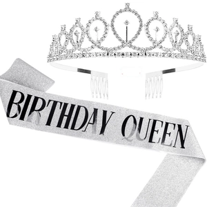 Silver birthday queen sash and glittering tiara set for girls birthday party decor