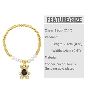Detail view of pearl and gold bead bracelet with zircon bear pendant and sizing specs