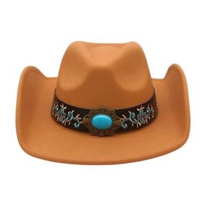Detail of western wool fedora featuring turquoise embroidery and decorative gemstone