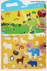 Detail of reusable sticker book showing animal scenes and shape matching for kids