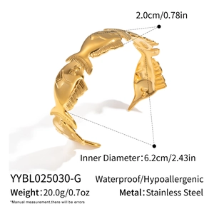 Detailed view of 18K gold plated stainless steel fish open bangle with dimensions and weight