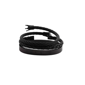 3-piece men's black stainless steel bracelet set with crown, woven and Roman numeral motifs