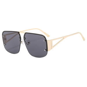 Modern gold metal semi-rimless square sunglasses with geometric hollow temples